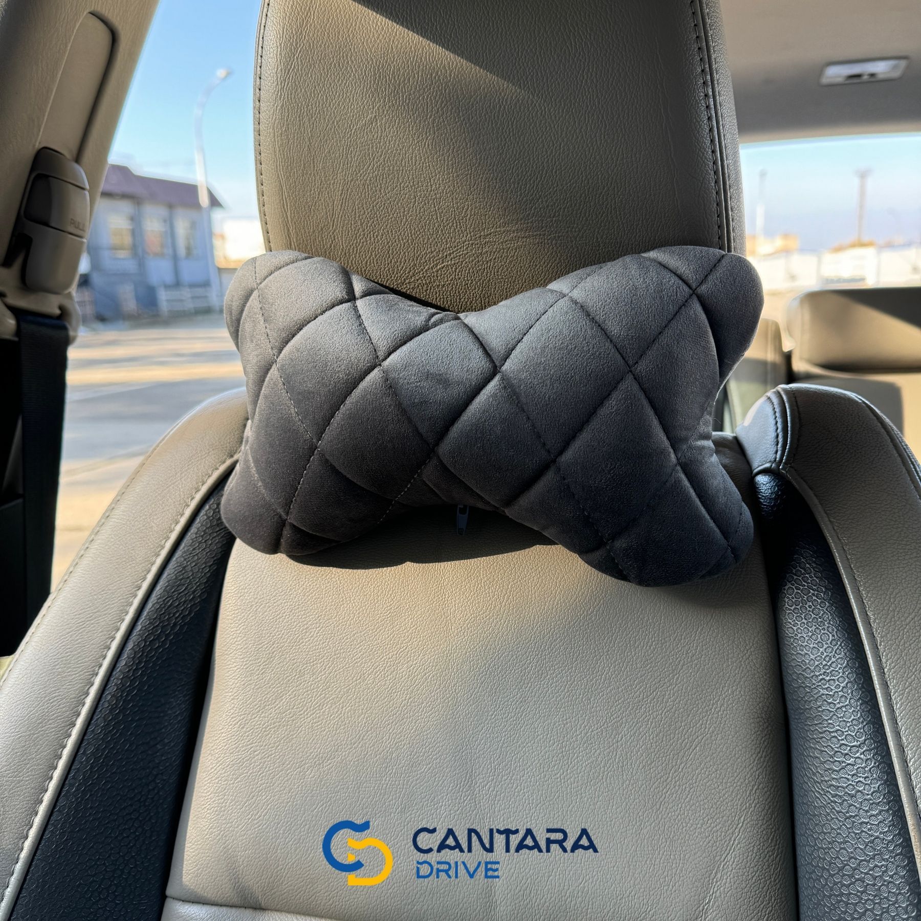 купити Подушка в авто під голову з алькантари Lux Діамонд подовжений темно-сірий ромб (колор 19) 4