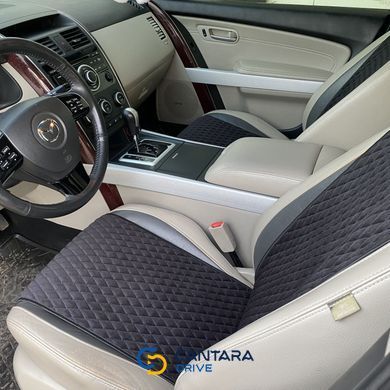 купити Накидки на сидіння з алькантари Lux (штучної замші), Чорні з синьою ниткою (ромб), Стандарт, Передній комплект 4
