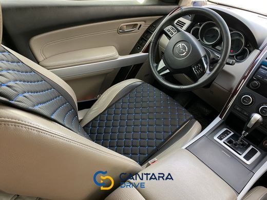 купити Накидки для авто з перфорованої екошкіри, Чорний з синьою стрічкою, Стандарт, Передній комплект 4
