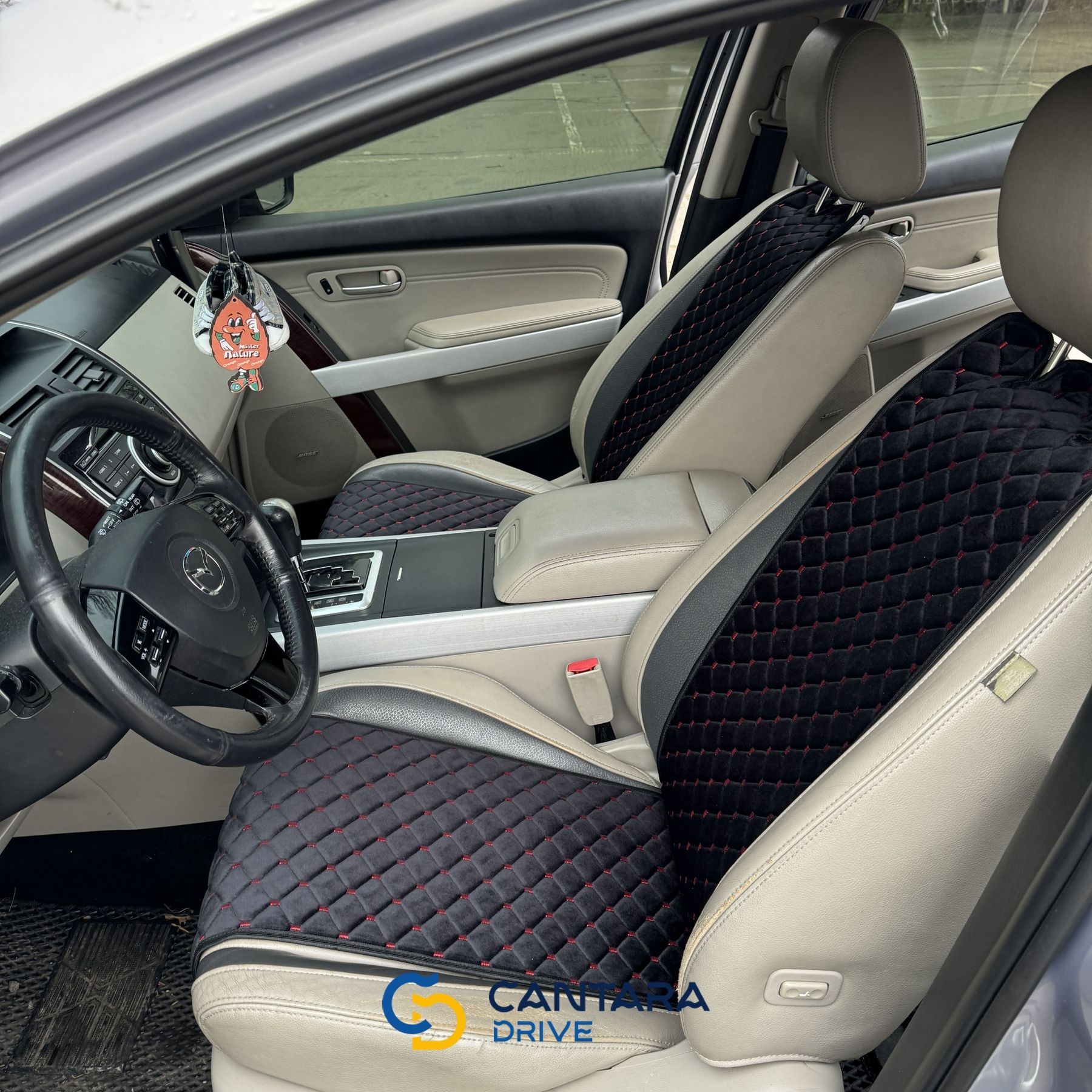 купити Накидки на автомобільні сидіння з алькантари Lux Прошитий квадратний ромбік Чорний з червоним рядком Стандарт Повний комплект 2