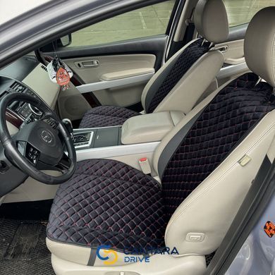 купить Накидка на кресло авто из алькантары Lux Прошитый квадратный ромбик Черный с красной строчкой Премиум 1 передняя 2