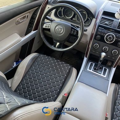 купити Накидки для авто з перфорованої екокожі, Чорні з білою строчкою, Стандарт, Передній комплект 5