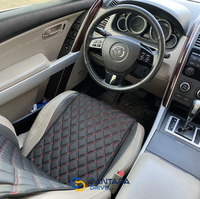 купити Накидка для авто з екошкіри, Чорна з подвійною червоною строчкою, Стандарт, 1 передня 2