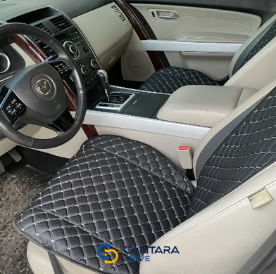 купити Накидки для авто з перфорованої екошкіри, Чорні з білим рядком, Преміум, Повний комплект 2