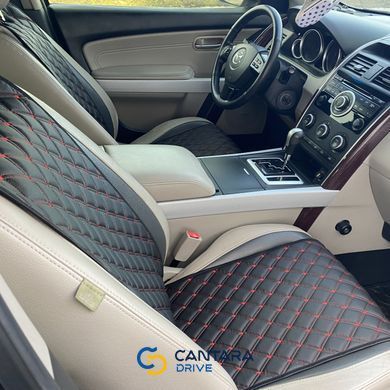 купить Накидки для авто из экокожи, Черные с двойной красной строчкой, Стандарт, Передний комплект 2