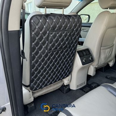купити Накидка на спинку автомобільного сидіння з Екошкіри Чорна з подвійним білим рядком З карманом для планшета 2
