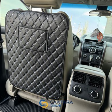 купити Накидка на спинку автомобільного сидіння з Екошкіри Чорна з подвійним білим рядком З карманом для планшета 3