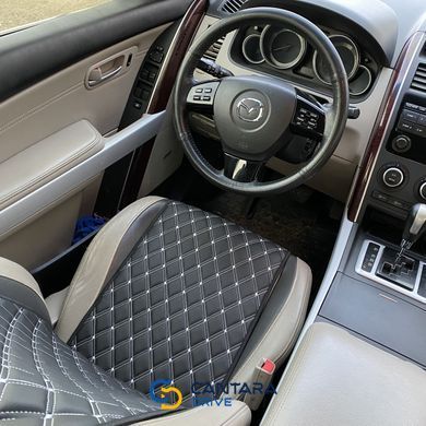 купити Накидки для авто з екошкіри, Чорні з подвійною білою строчкою, Стандарт, Передній комплект 4