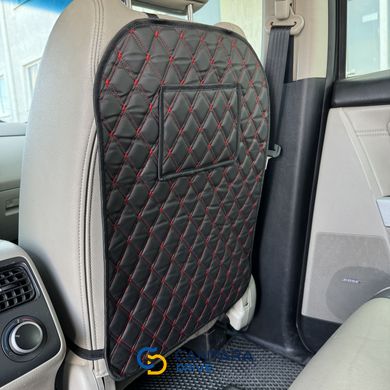 купить Защитная накидка на спинку сиденья автомобиля из Экокожи Черная с двойной красной строчкой Округленная с карманом для планшета 3