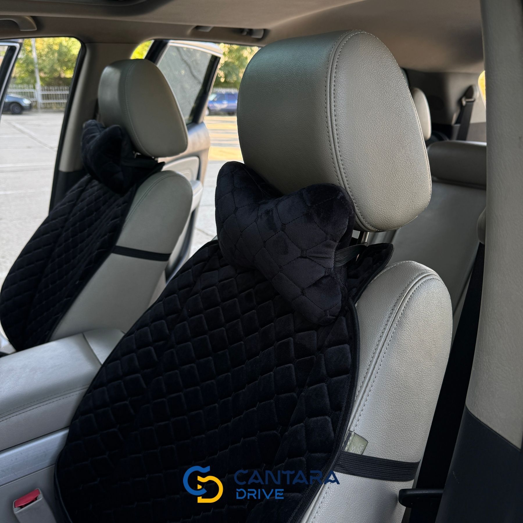 купити Подушка підголовник в авто з алькантари Lux прошитий квадратний ромбік Чорний з чорним рядком 7