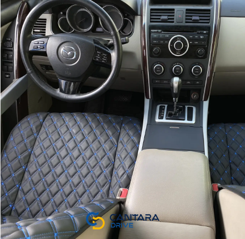 купити Накидка для авто з екошкіри, Чорна з подвійною синьою стрічкою, Преміум +, 1 передня 2