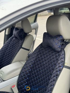 купить Автоподушка для шеи на подголовник из алькантары Lux прошитый квадратный ромбик Черный с синей нитью 8