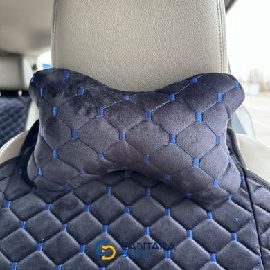 купить Автоподушка для шеи на подголовник из алькантары Lux прошитый квадратный ромбик Черный с синей нитью 4