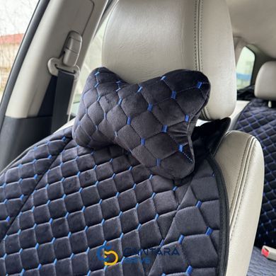 купить Автоподушка для шеи на подголовник из алькантары Lux прошитый квадратный ромбик Черный с синей нитью 5