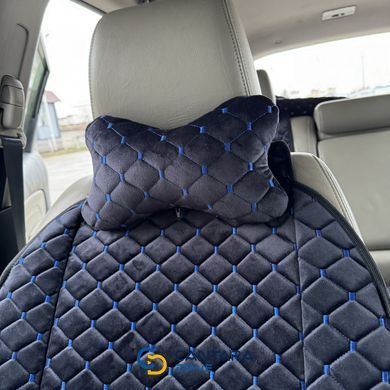 купить Автоподушка для шеи на подголовник из алькантары Lux прошитый квадратный ромбик Черный с синей нитью 6