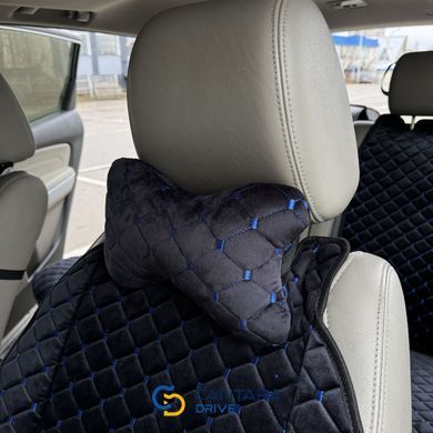 купить Автоподушка для шеи на подголовник из алькантары Lux прошитый квадратный ромбик Черный с синей нитью 7