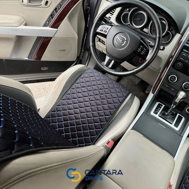 купить Накидки на сидушки авто из алькантары Lux Прошитый квадратный ромбик Черный с синей нитью Стандарт Полный комплект 3