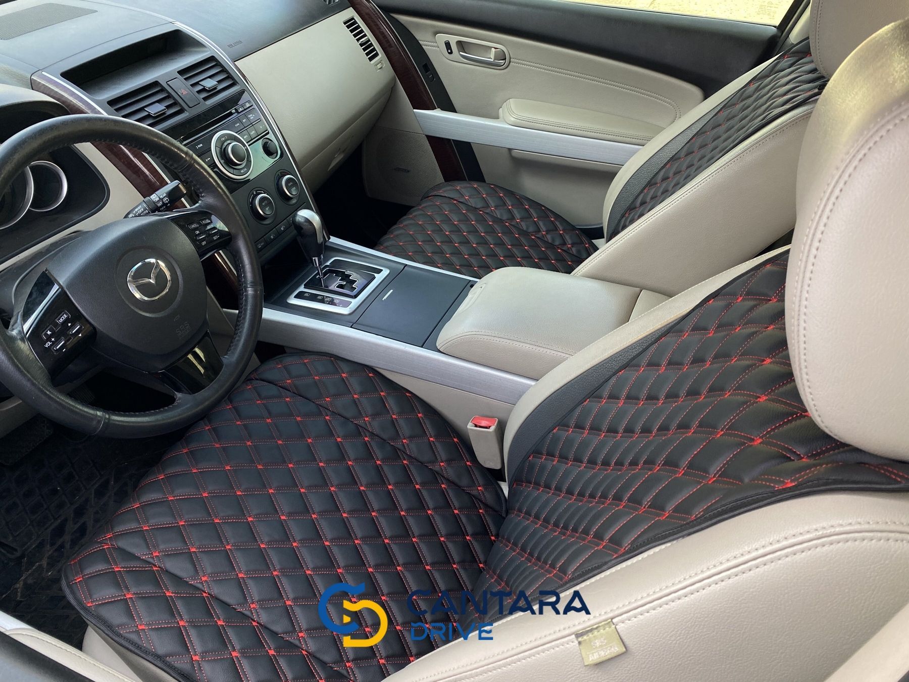 купити Накидки для авто з екошкіри, Чорні з подвійною червоною строчкою, Преміум, Передній комплект 5