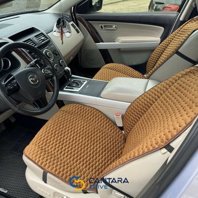 купить Накидки на сиденье с алькантарой Lux Коричневые плоские соты с белой строкой Премиум+ Полный комплект 2