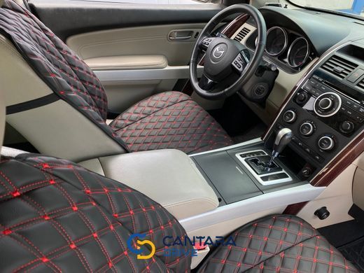 купити Накидки для авто з екошкіри, Чорні з подвійним червоним рядком, Преміум+, Повний комплект 2