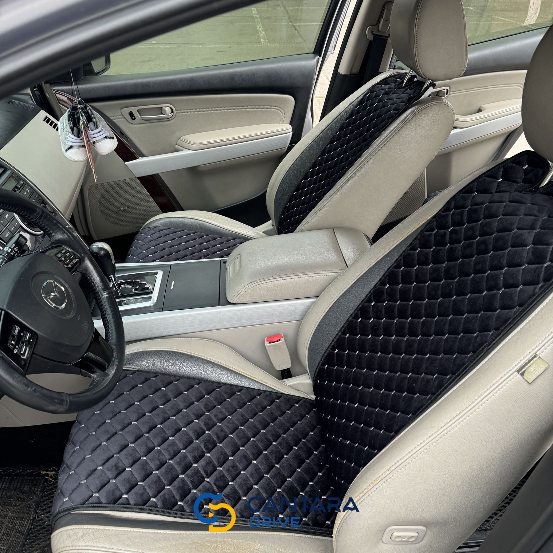 купити Авто накидки на сидіння з алькантари Lux Прошитий квадратний ромбік Чорний з білою ниткою Стандарт Повний комплект 2