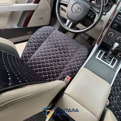 купити Накидка на автосидіння з алькантари Lux Прошитий квадратний ромбік Чорний з білою ниткою Преміум 1 передня 3