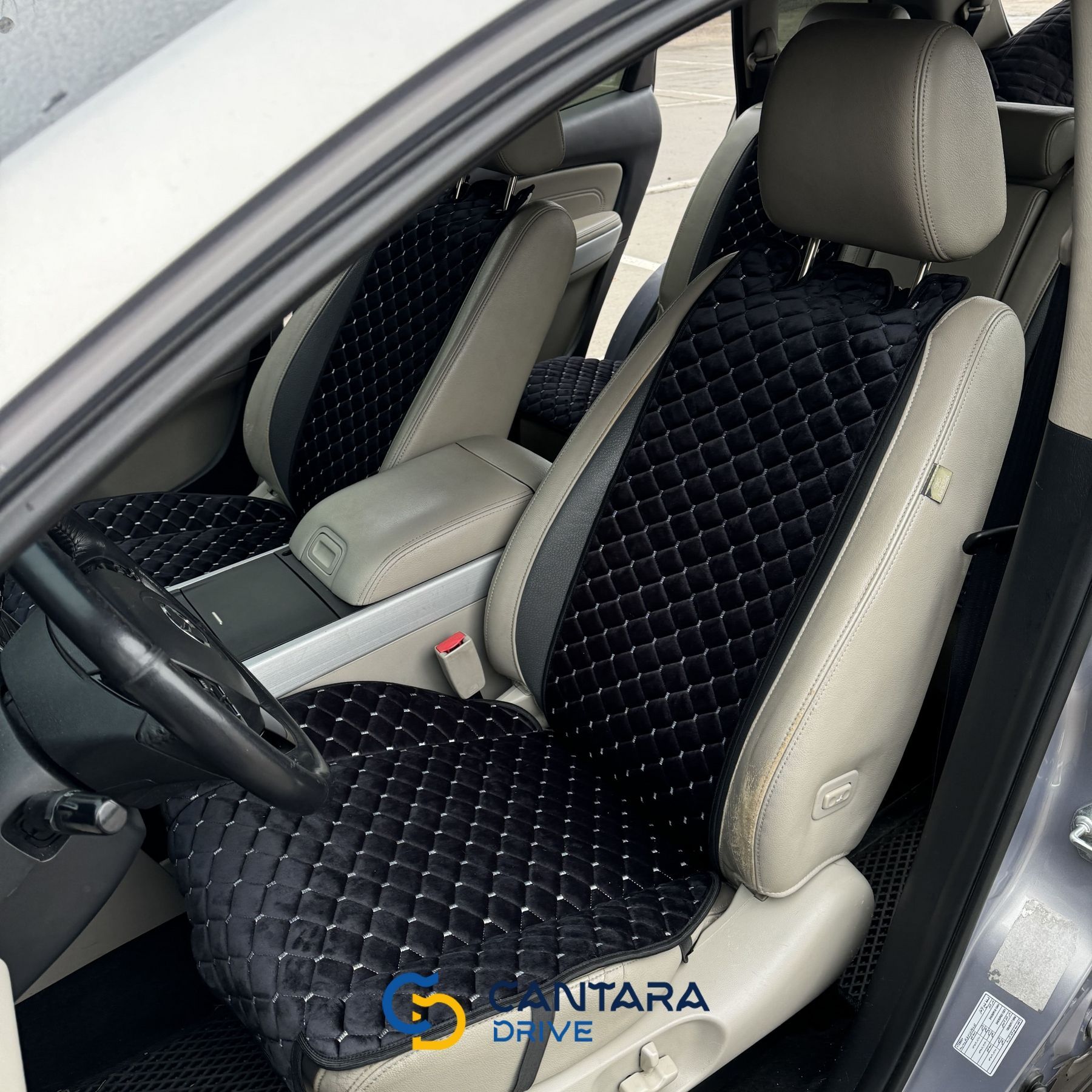 купити Накидки на крісла автомобіля з алькантари Lux Прошитий квадратний ромбік Чорний з білою ниткою Преміум Повний комплект 2