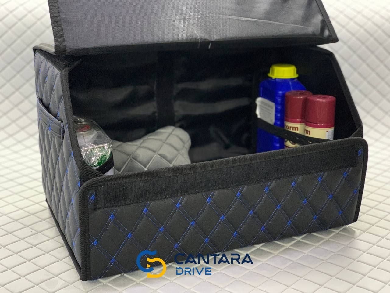 купити Автомобільний органайзер в багажник з екошкіри, Чорний з подвійним синім рядком, Розмір M, 50*30*30 см 5