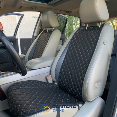 купить Накидка для авто из перфорированной экокожи, Черные с золотой строчкой, Премиум, 1 передняя 3