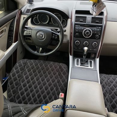 купити Накидки на сидіння з АЛЬКАНТАРИ Lux (штучної замші), великий ромб, Чорна з подвійним білим рядко, Преміум, Передній комплект 6