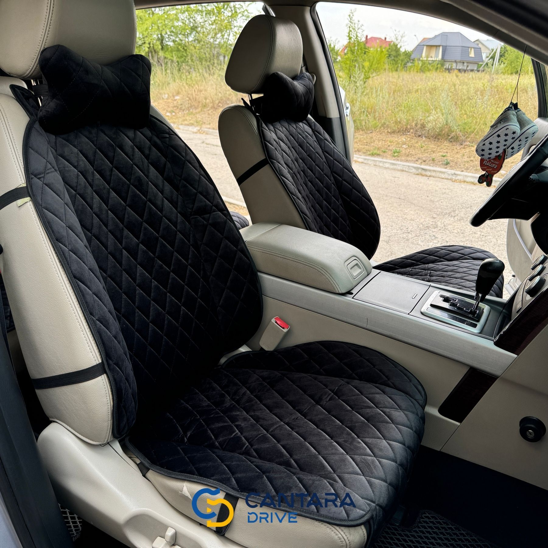 купити Накидки на сидіння авто з алькантари Lux Діамонд подовжений чорний ромб із чорним рядком Преміум+ Повний комплект 4