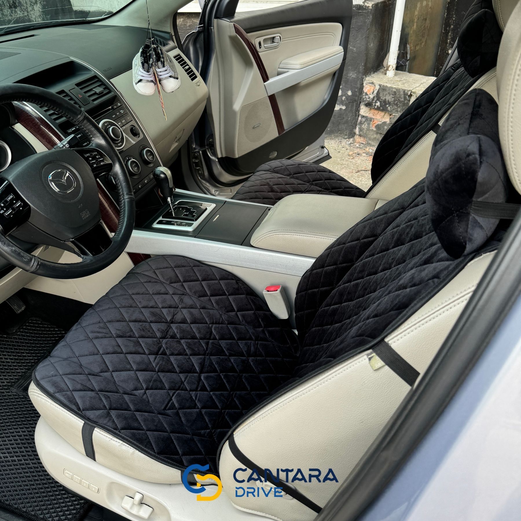 купити Накидки на сидіння авто з алькантари Lux Діамонд подовжений чорний ромб із чорним рядком Преміум+ Повний комплект 2